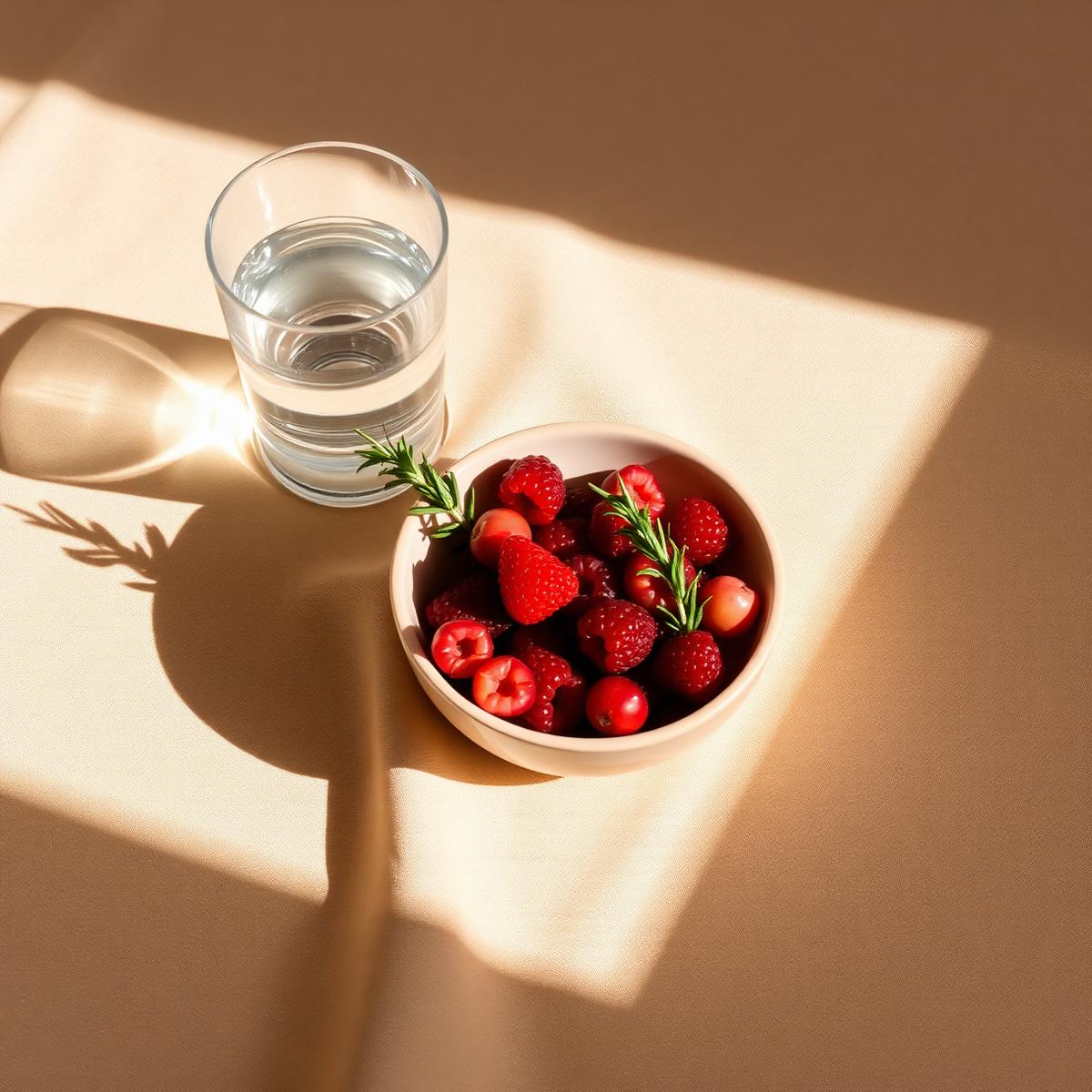 Copo de água e taça de frutos vermelhos sobre linho beje, luz natural.