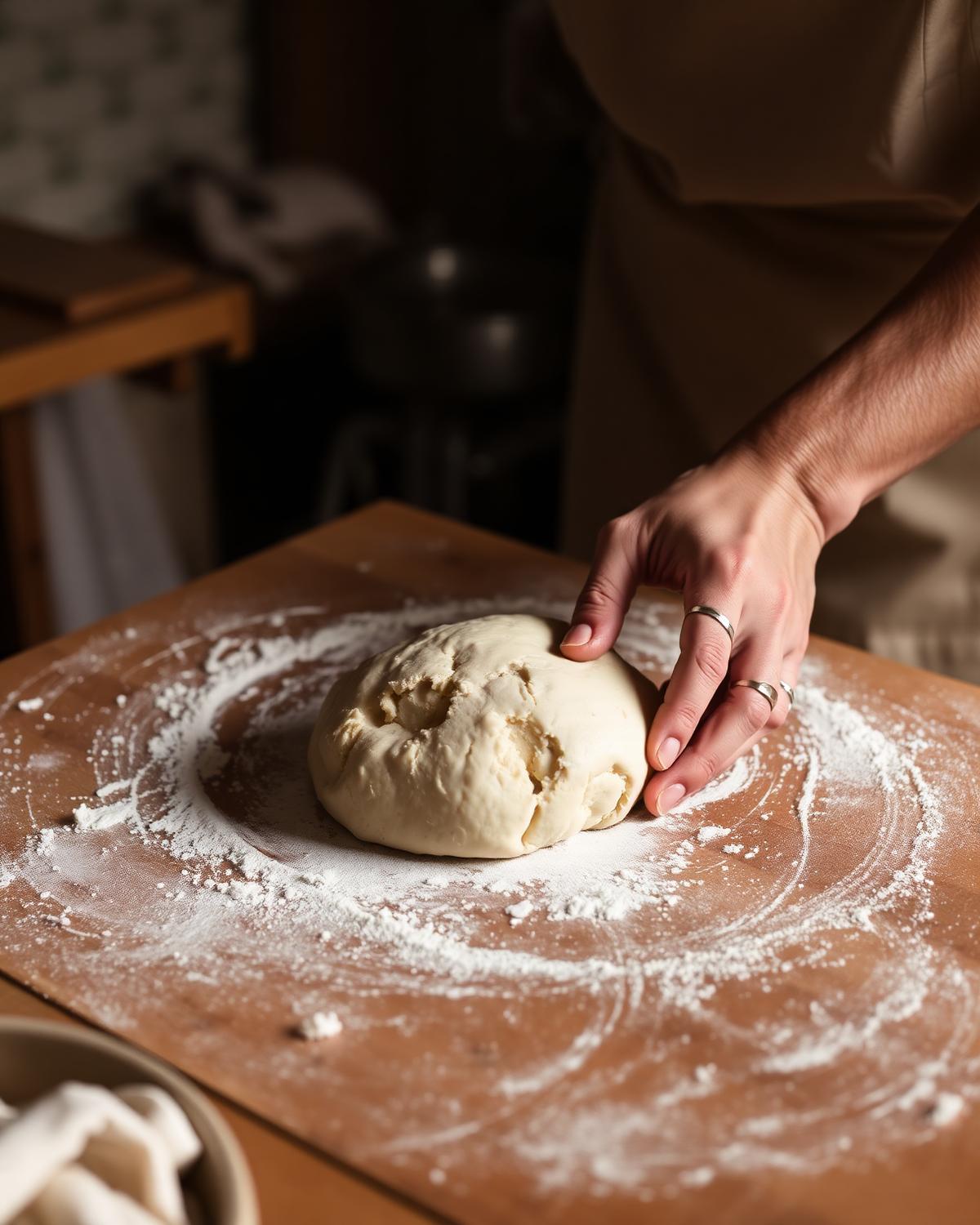 Mãos amassam pão sobre tábua de madeira enfarinhada.