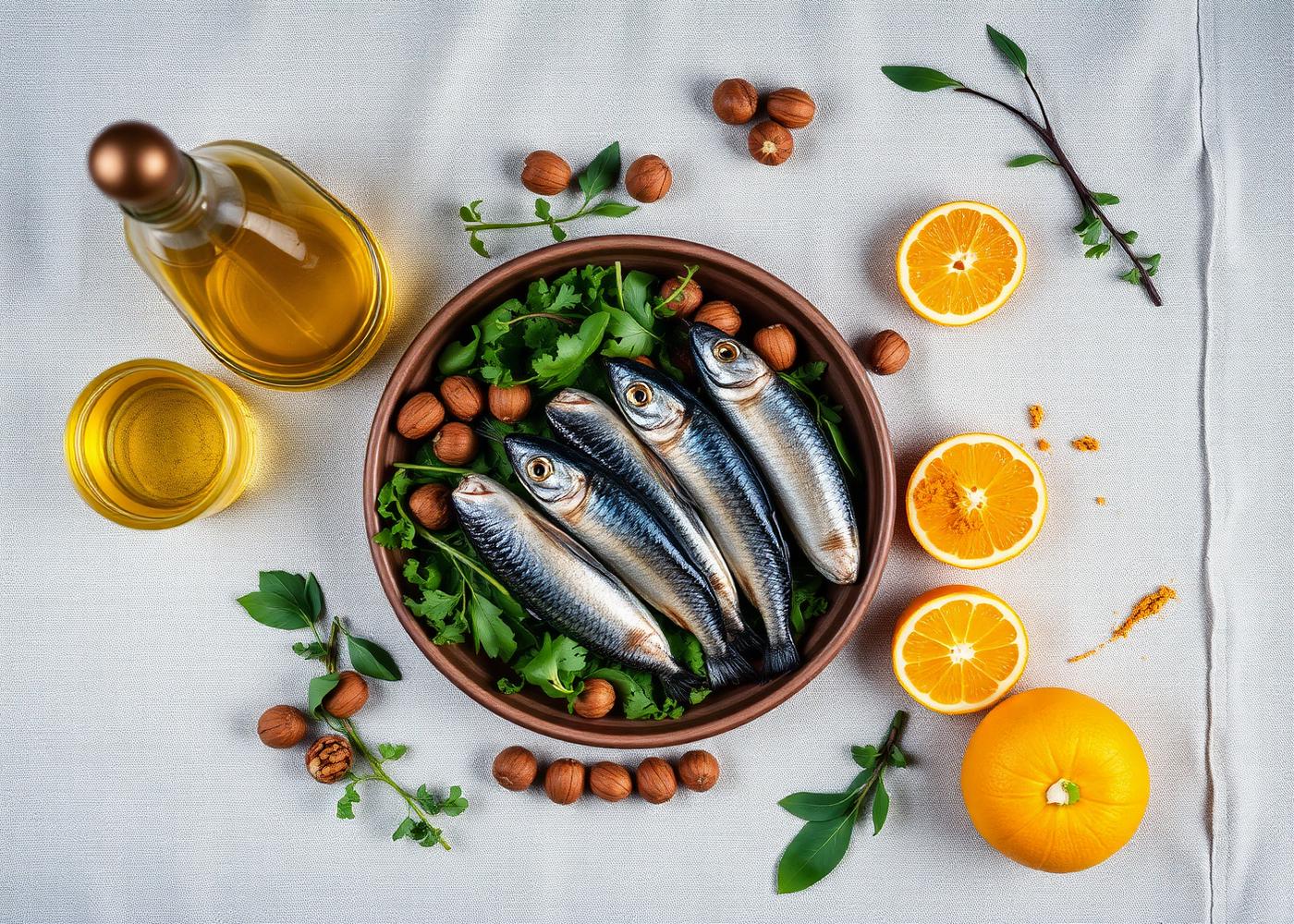 Mesa com sardinhas, azeite, citrinos, ervas e frutos secos vista de cima.
