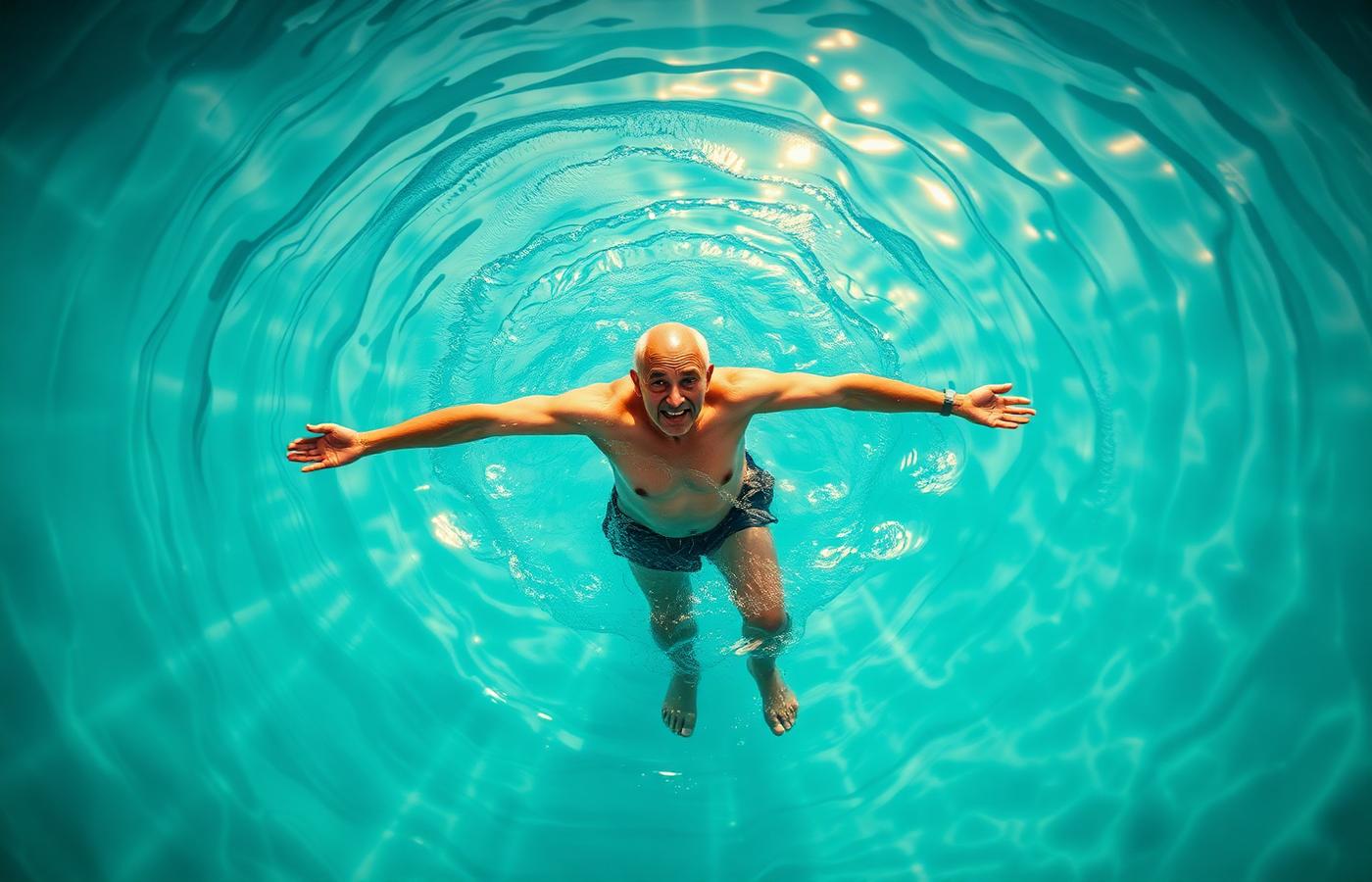 Homem nada calmamente em piscina exterior, vista de cima.